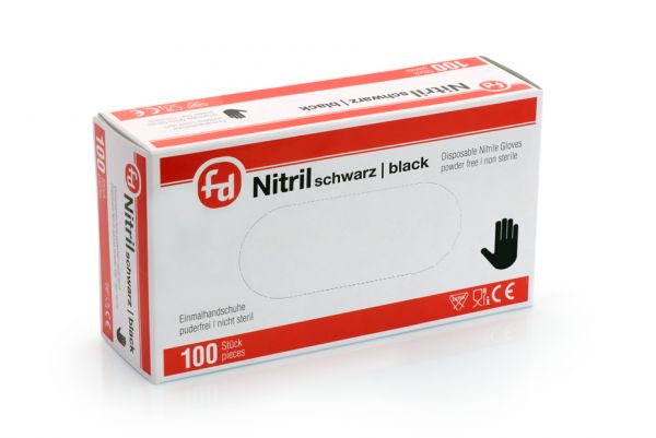 Rot-weiße Box aus Karton mit einhundert puderfreien Einweghandschuhen aus Nitril in der Farbe schwarz
