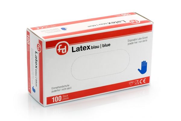 Rot-weiße Box aus Karton mit einhundert puderfreien Einmalhandschuhe aus Latex in der Farbe blau 