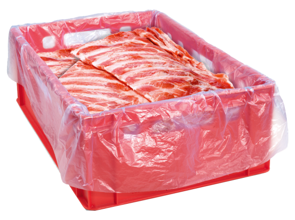 Rote Eurokiste mit einem Einlegesack und Fleisch