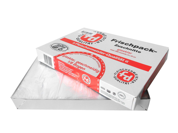 Ein halb geöffneter Karton mit glasklaren Frischpack-Zuschnitten ⅛ Bogen der Marke fd